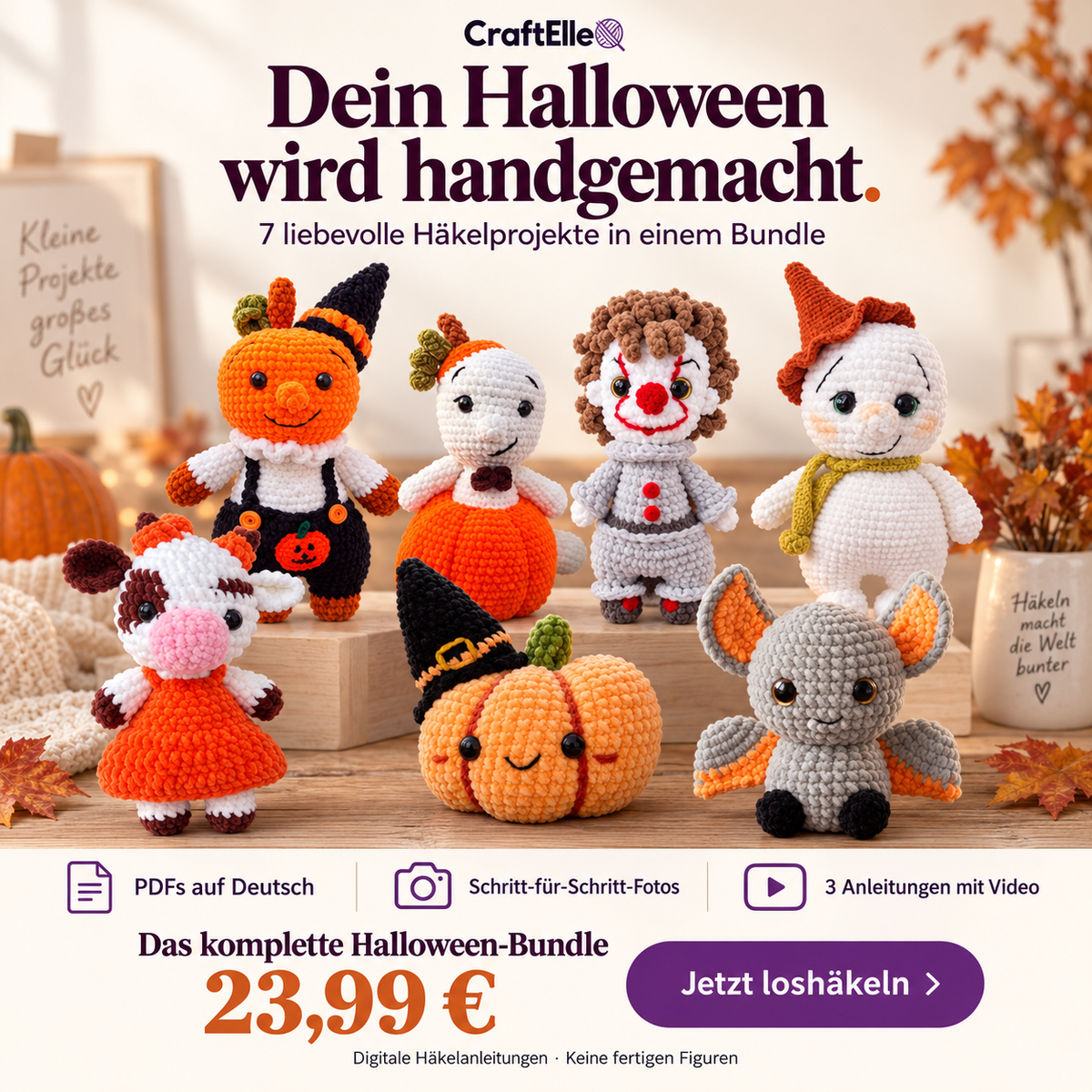đ Halloween-HĂ€kelbundle â 7 sĂŒĂe PDF-Anleitungen
