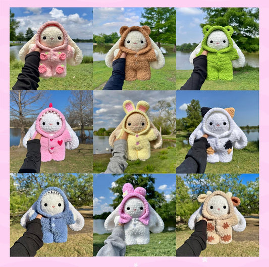 Pajama Bunny Häkelprojekt mit 9 Outfits – PDF